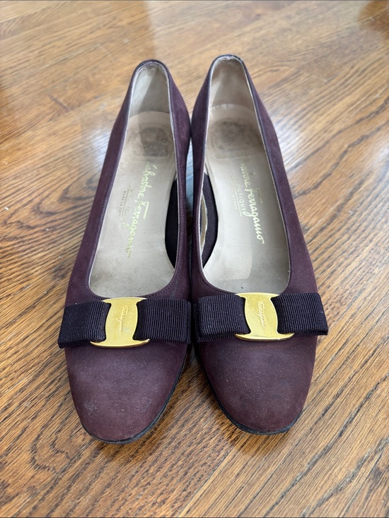 Salvatore Ferragamo Shoes - Salvatore Ferragamo Burgundy Suede Vara Bow Flats with Gold Buckle